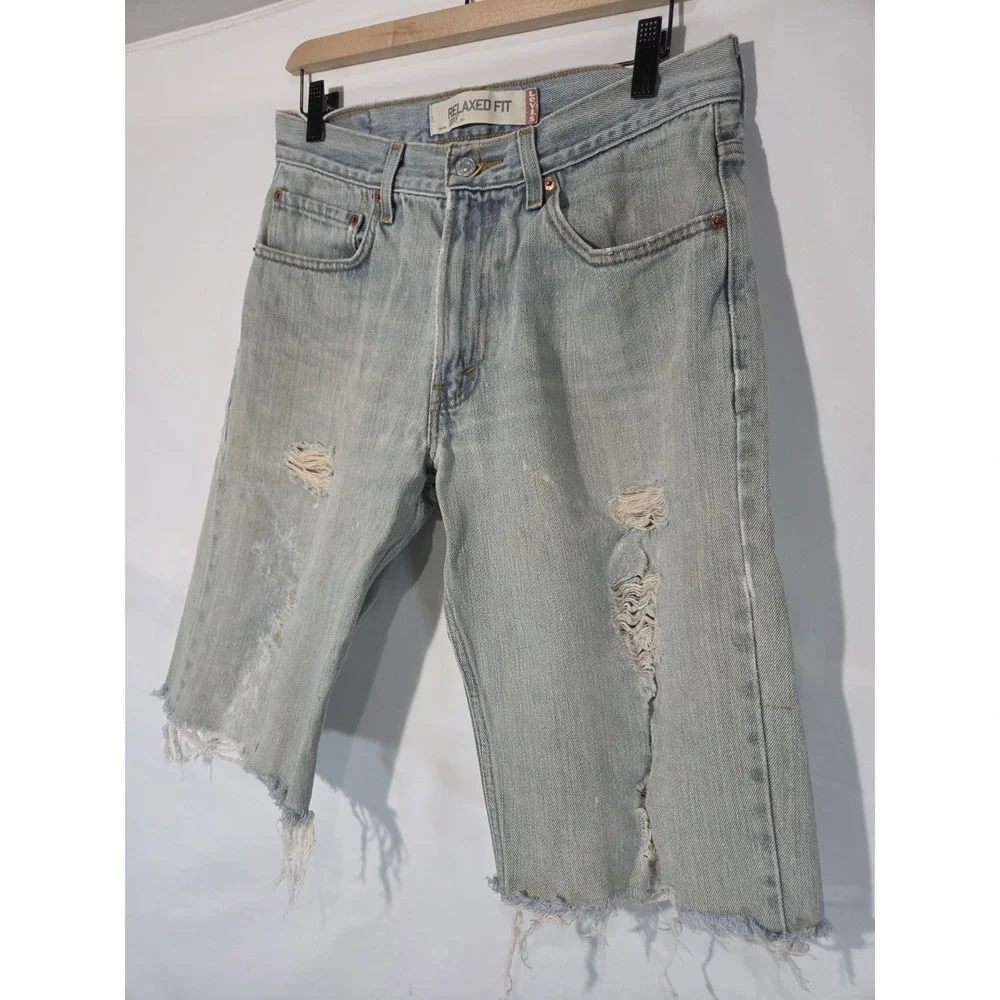 Y2K Levis 550 Cut Off Bermuda Jort Shorts 32 X 13 Light Wash Distressed Relaxed